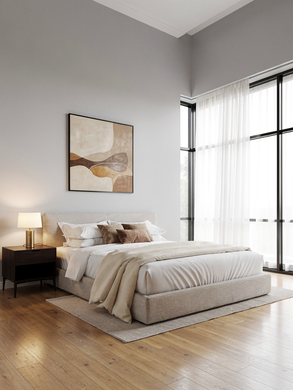 Sunlit boutique bedroom with linen sheets and heritage wooden beams