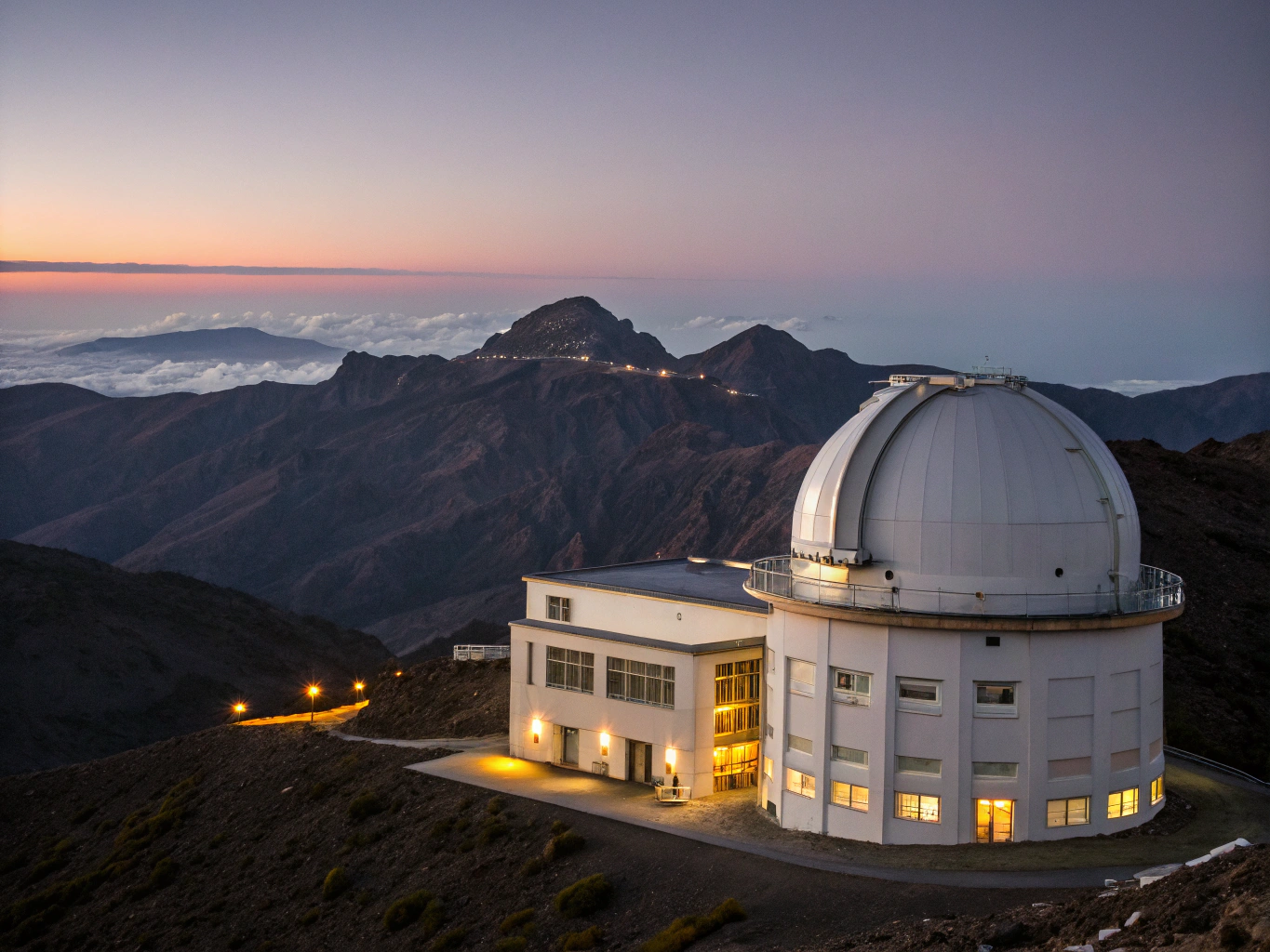 The Skywatch observatory at dusk against the open desert horizon